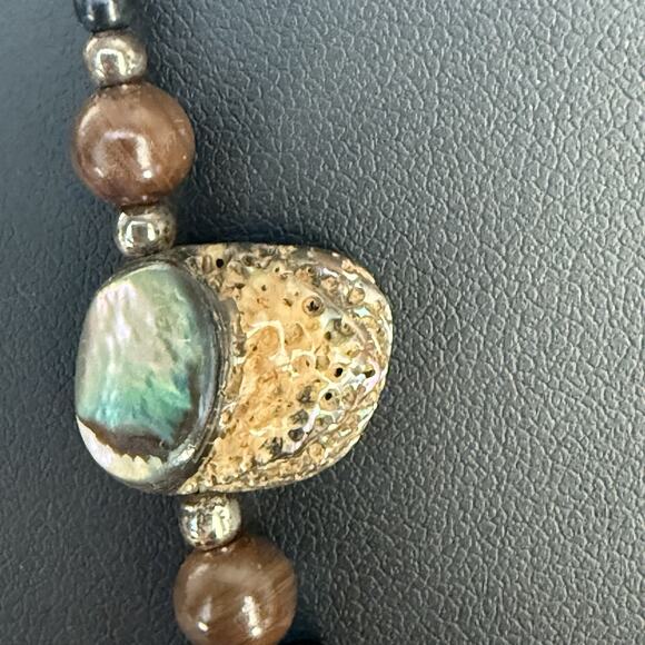 Shell Pendant Necklace Reversible Abalone & Autumn Color Shell & Wooden Beads - Picture 4 of 7